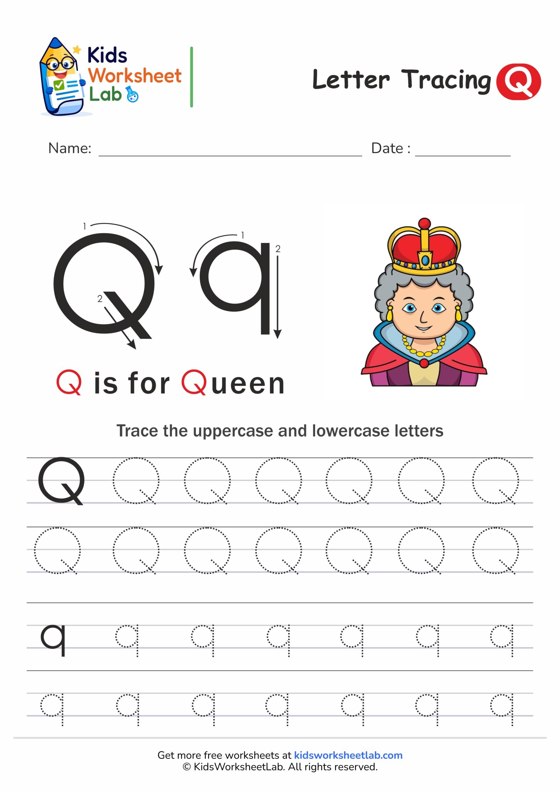 Tracing letter Q, kids' exercise.
