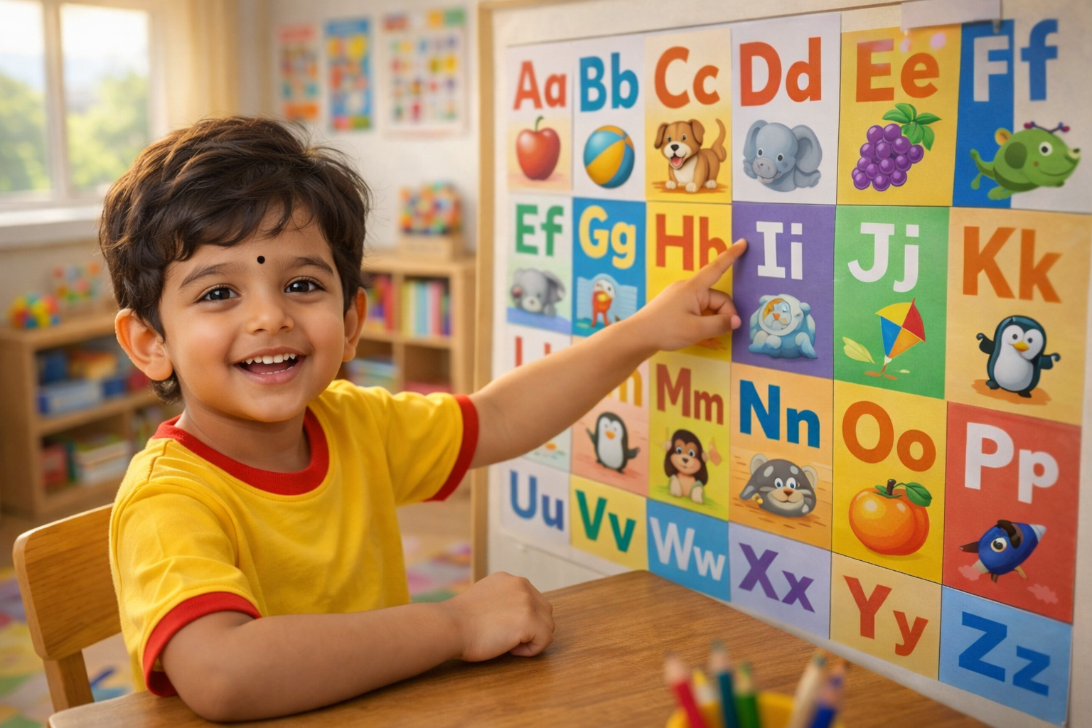 Child pointing at alphabet letters on classroom wall chart