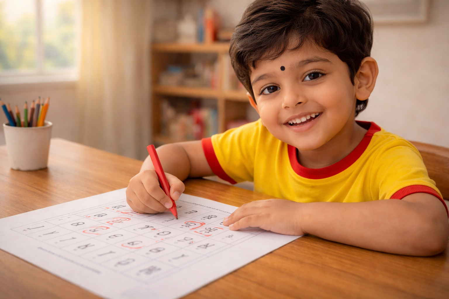 Child circling letters on a worksheet with a crayon