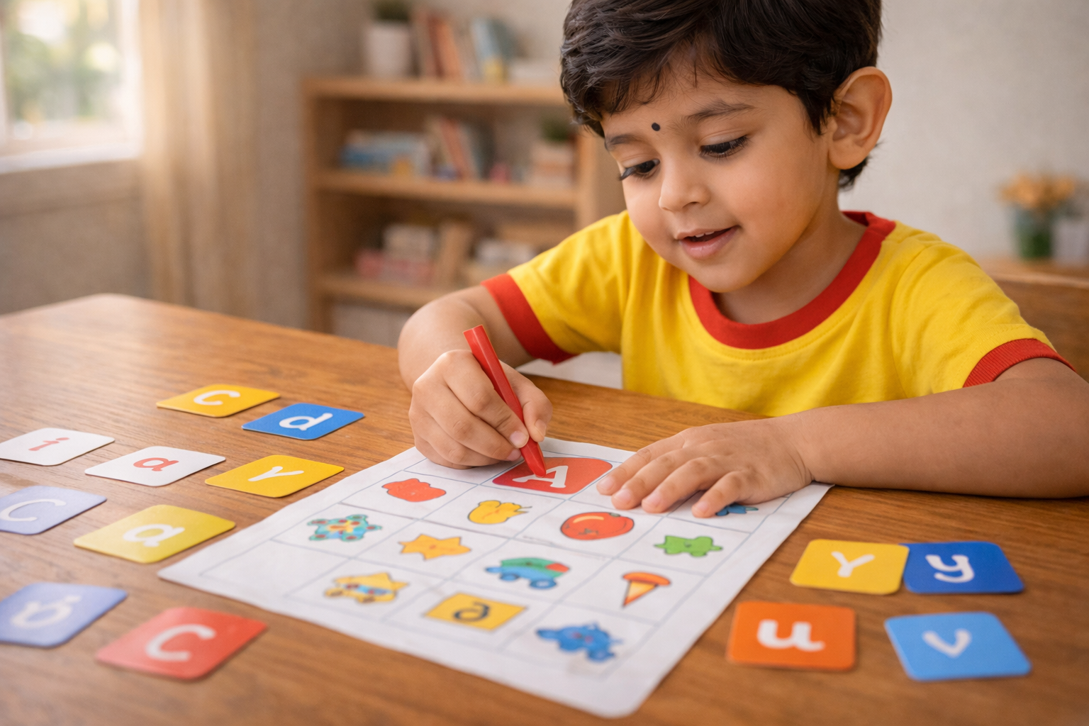 Child sorting alphabet letter cards on a table