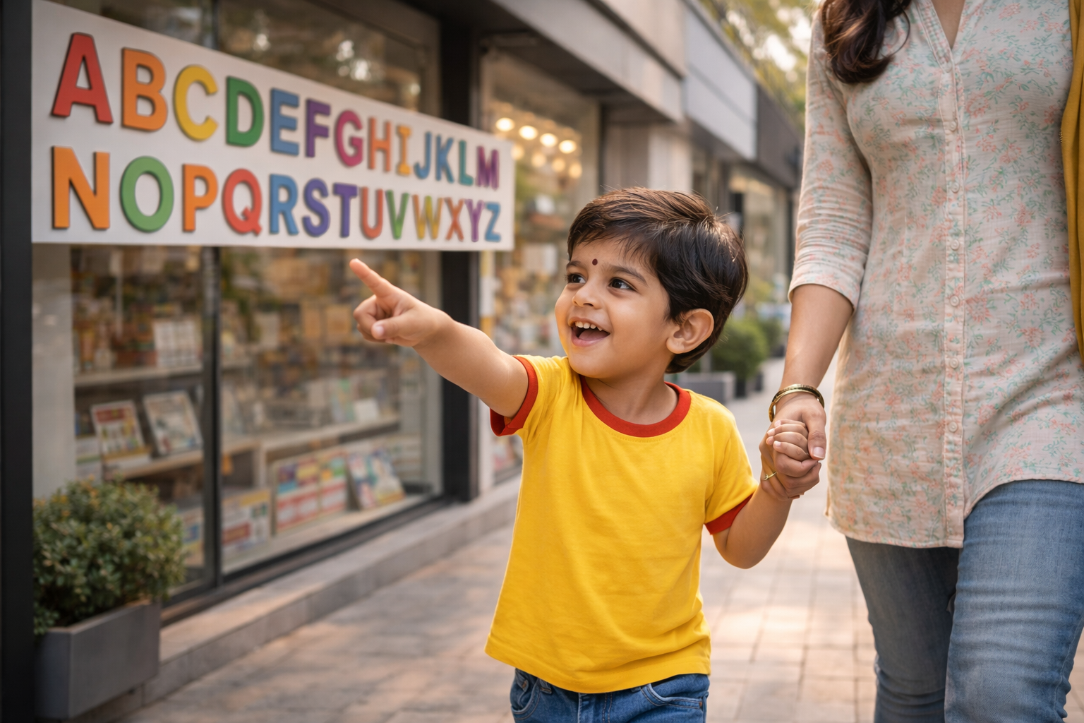 Parent and child spotting letters on signs during alphabet walk