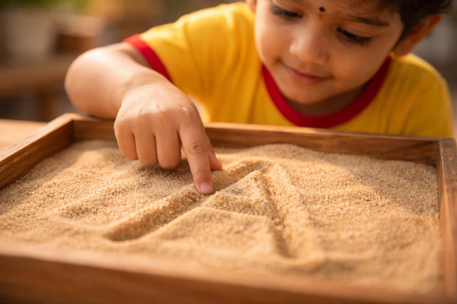 Child tracing letters in a sand tray sensory activity