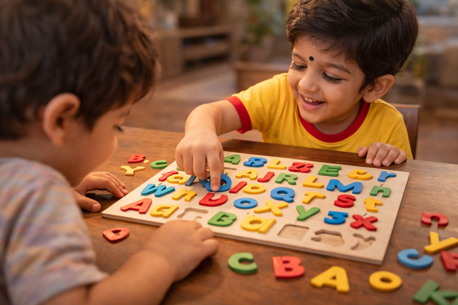 Child putting together a colorful alphabet puzzle