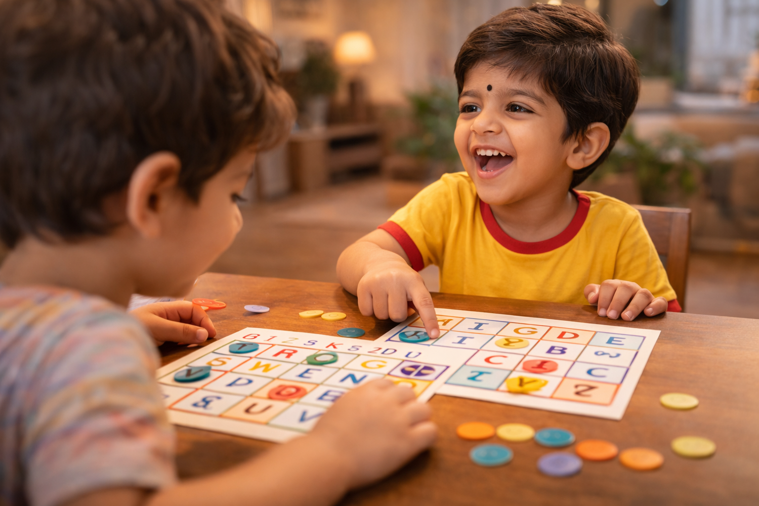 Children playing letter bingo game with colorful cards