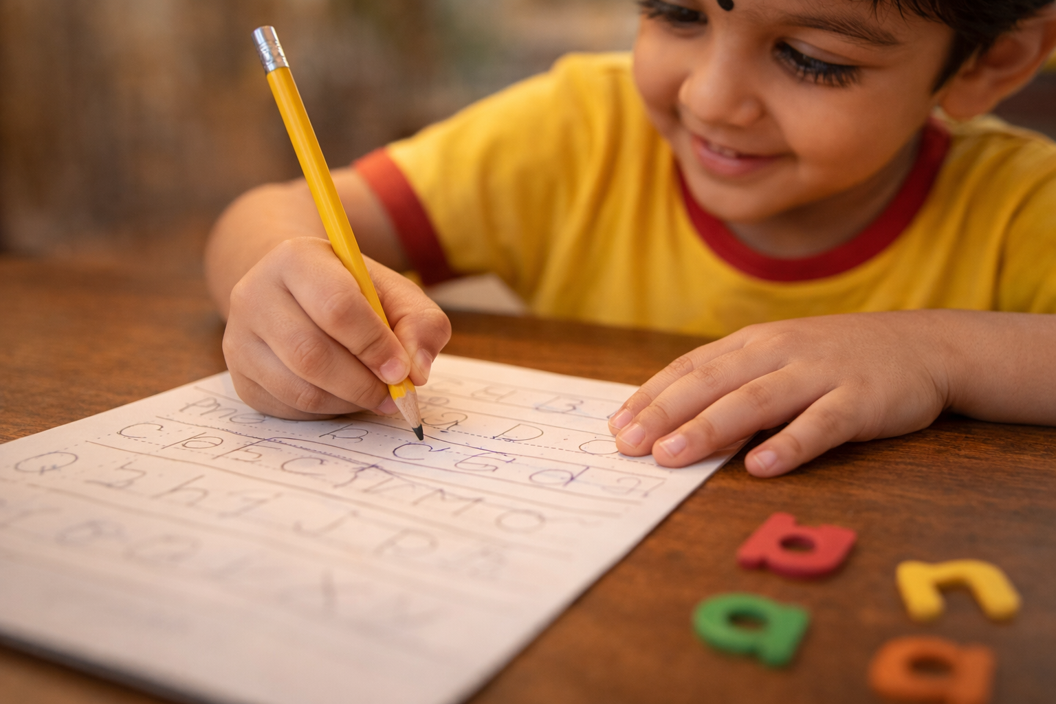 Child tracing alphabet letters on a practice worksheet