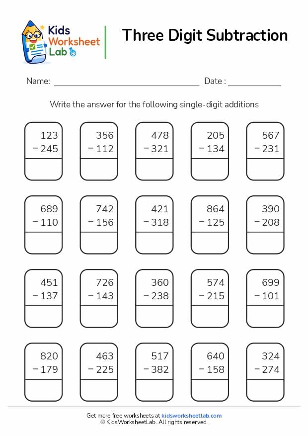 three digit subtraction