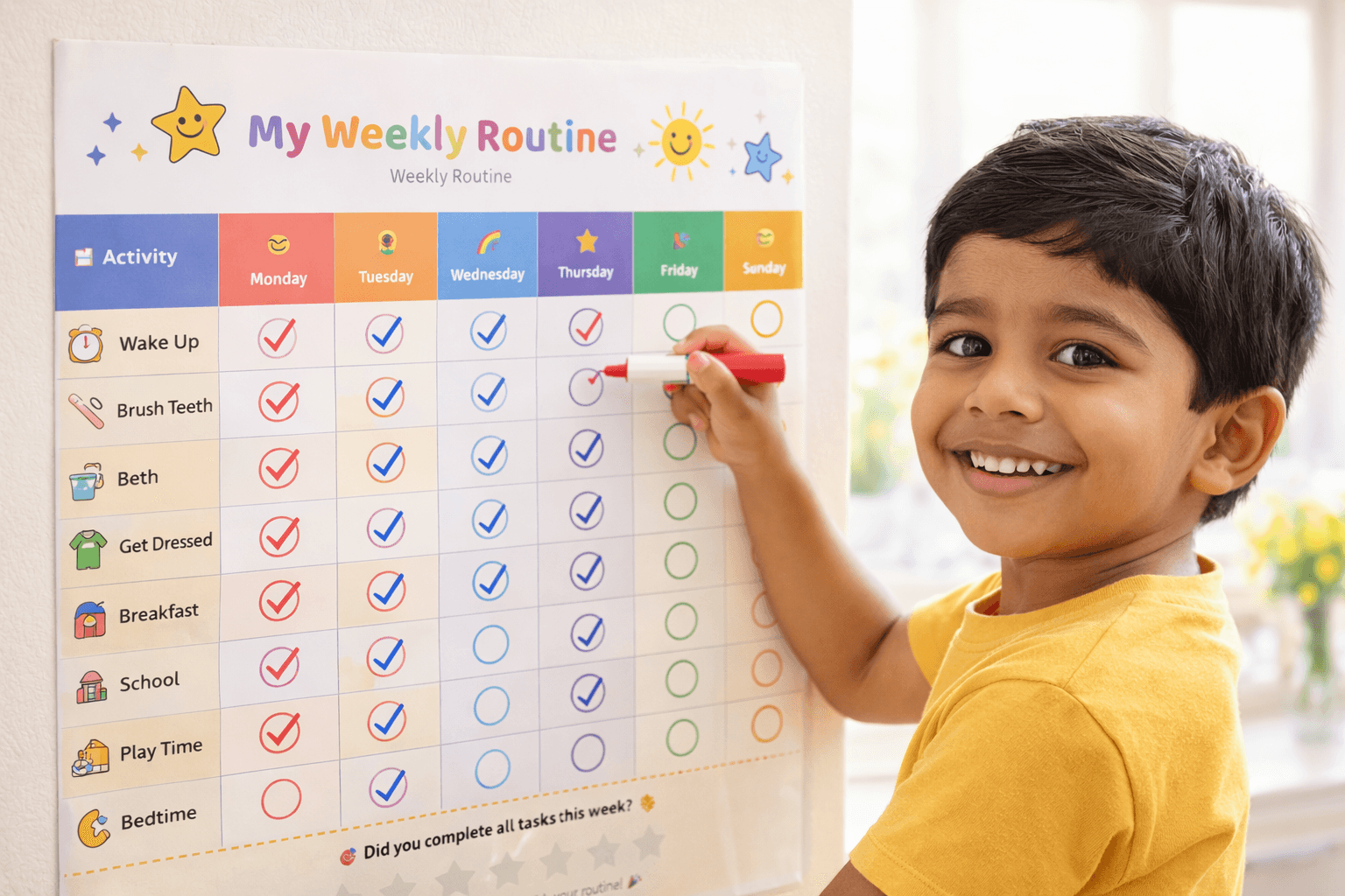 Happy child ticking activity on weekly routine chart with colourful marker