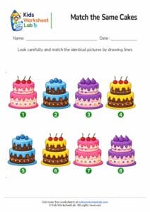Match the Same Cakes Worksheet for Kids (Dessert Matching Activity Printable)