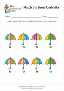 Match the Same Umbrellas Worksheet for Kids (Color Matching Activity)
