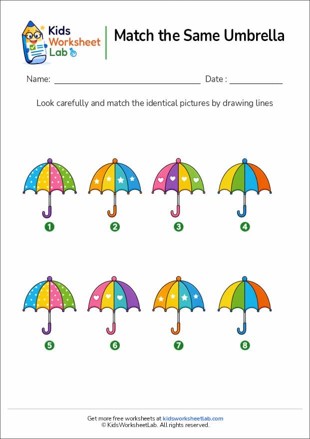 match the same umbrellas worksheet for kids