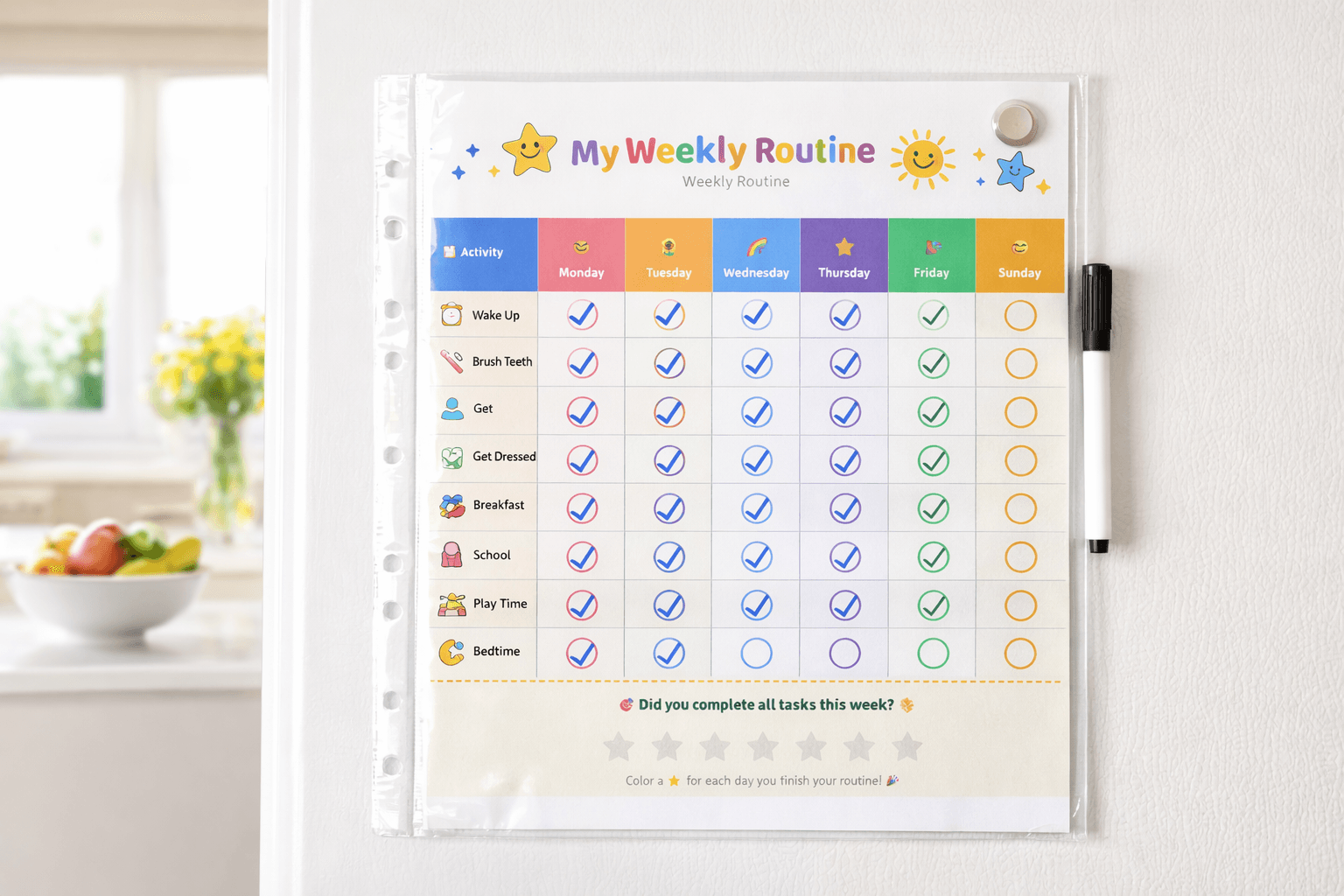 Reusable weekly routine strip inside transparent document sleeve on fridge with whiteboard marker tick marks