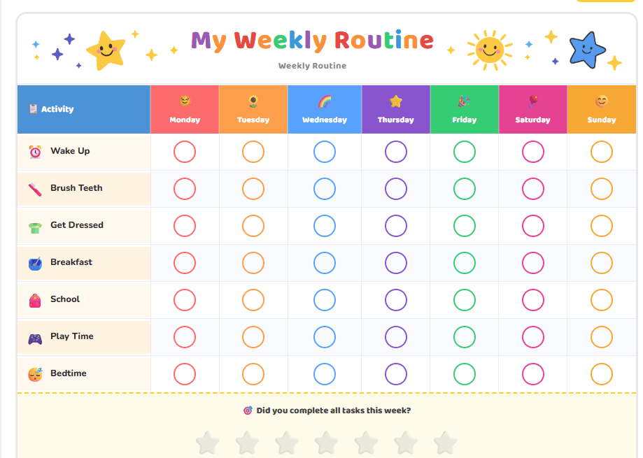 Weekly routine strip for kids showing Monday to Sunday with activity icons and colour-coded day labels