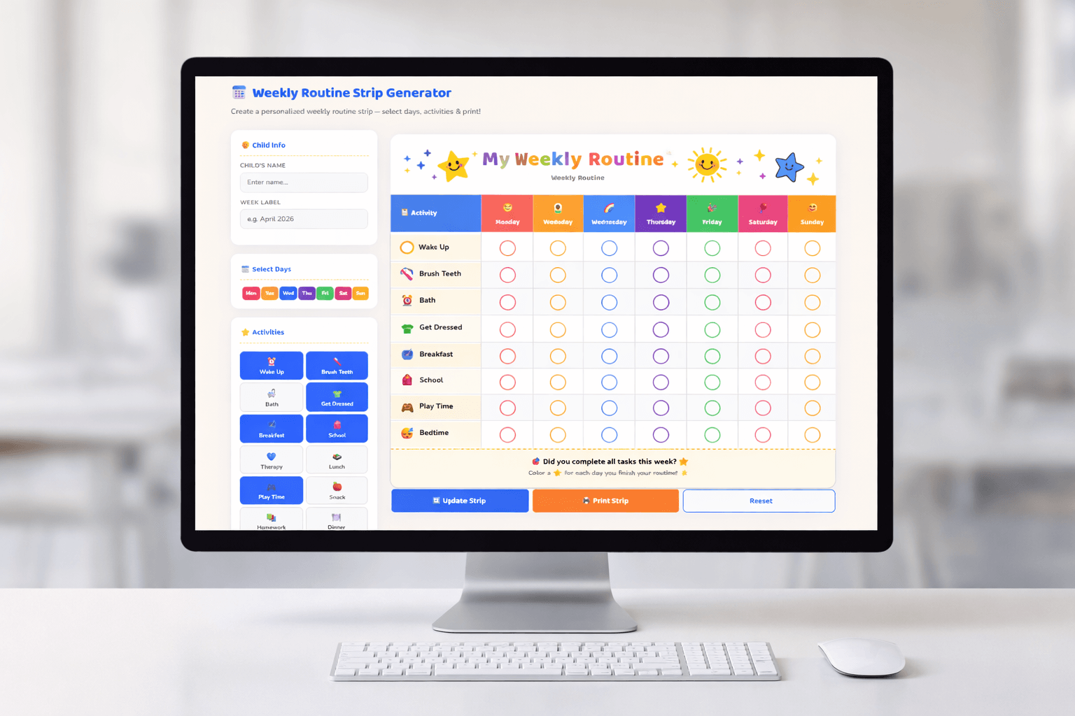 Weekly routine strip generator for kids — activity selection screen