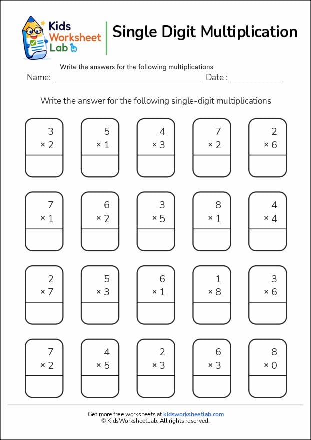 single digit multiplication worksheet 20 questions