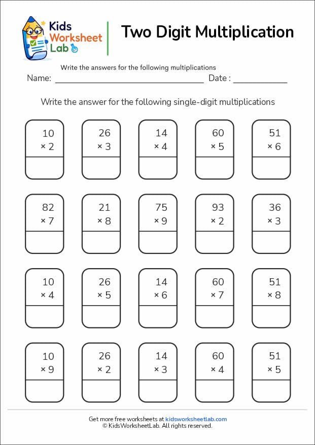 two digit by one digit multiplication worksheet