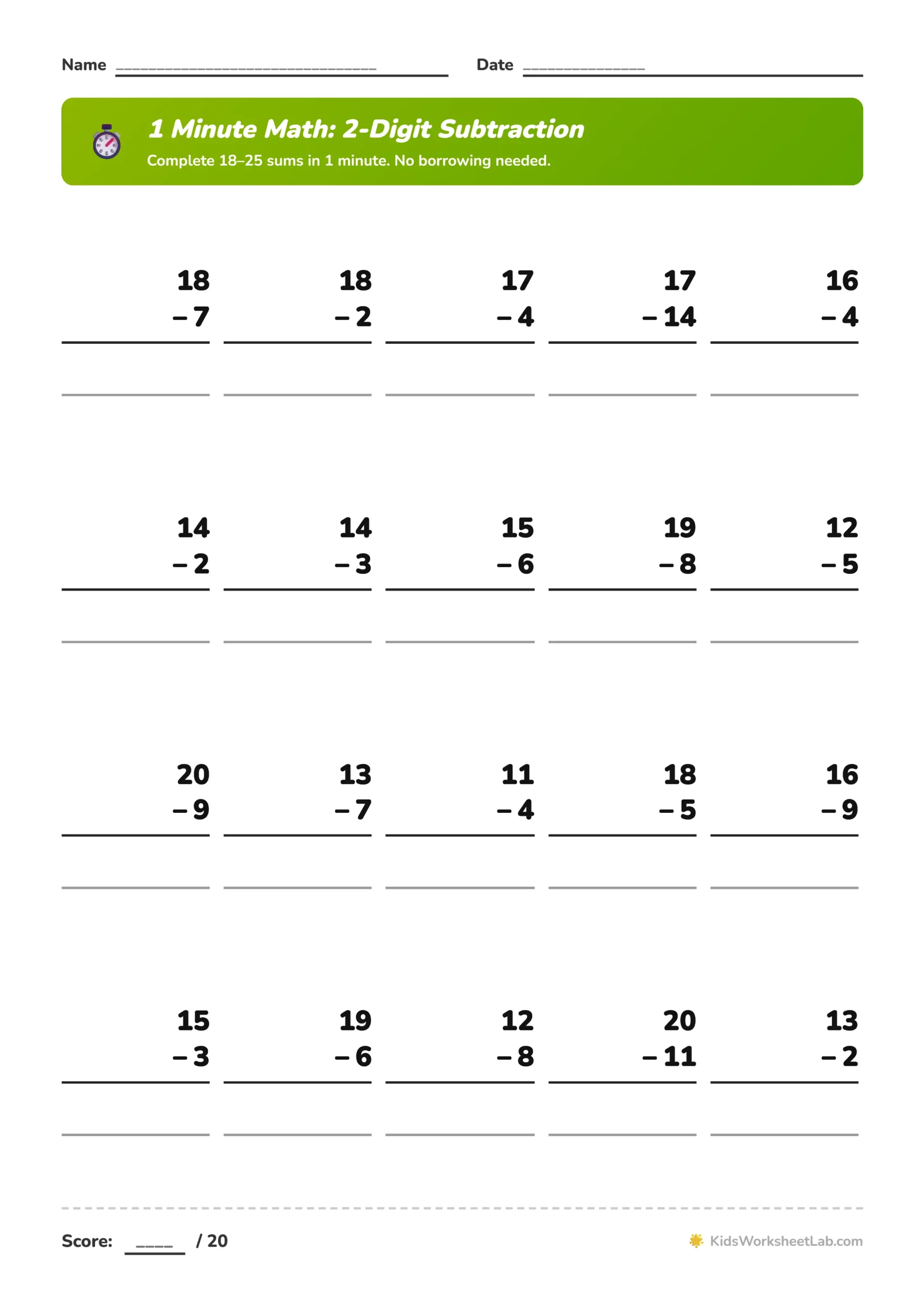 1 Minute Math_ 2-Digit Subtraction