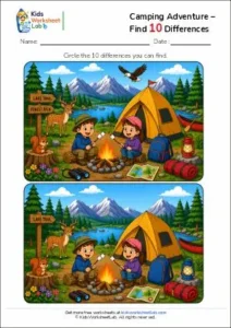 Camping Adventure – Find 10 Differences Worksheet