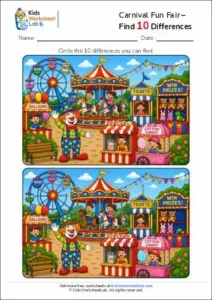 Carnival Fun Fair – Find 10 Differences Worksheet