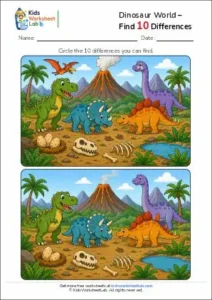 Dinosaur World – Find 10 Differences Worksheet