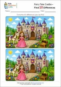 Fairy Tale Castle – Find 10 Differences Worksheet