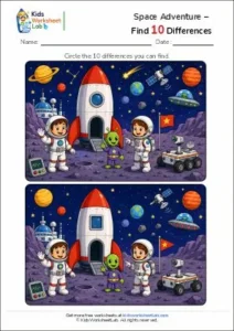 Space Adventure – Find 10 Differences Worksheet