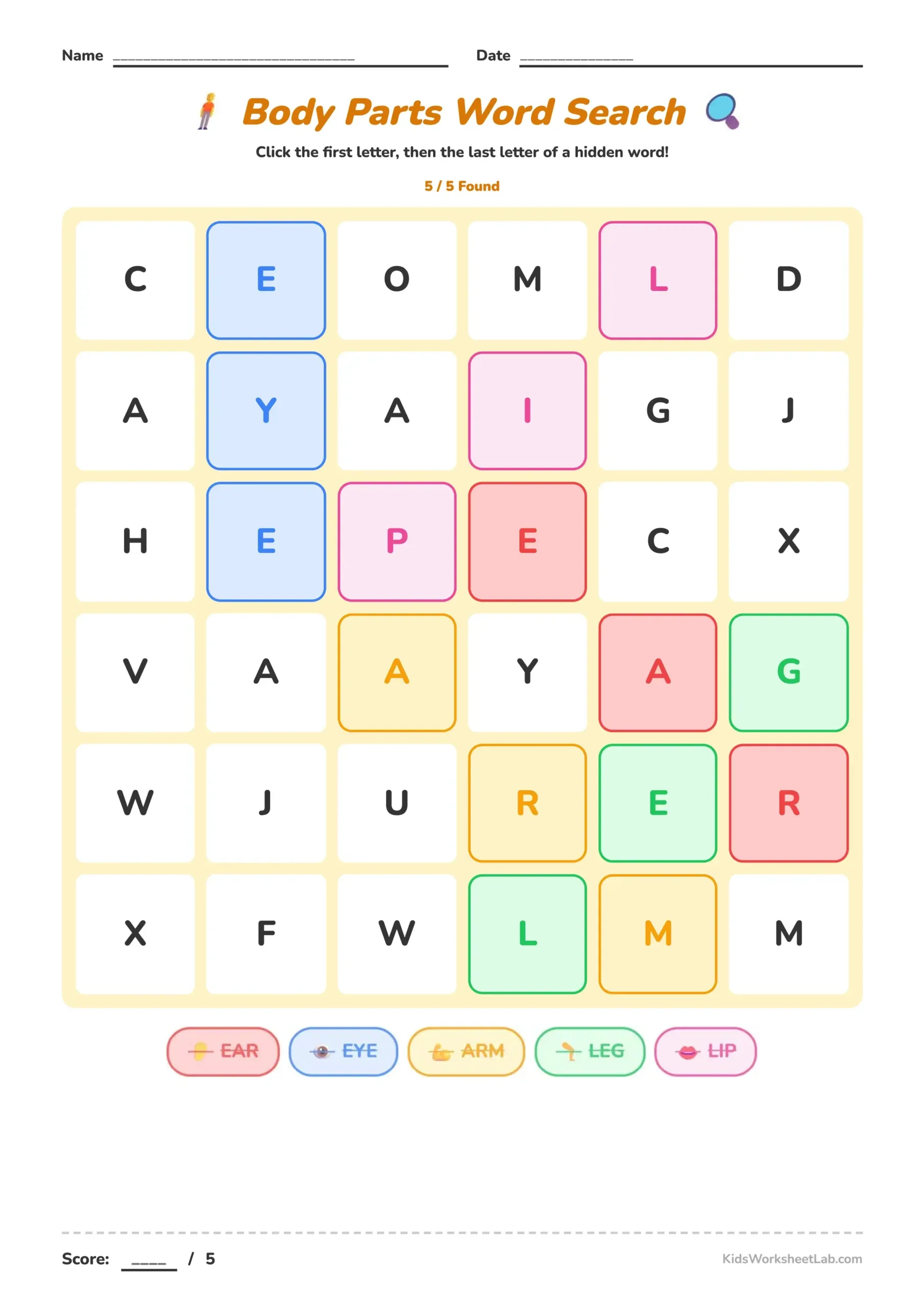 Body Parts Word Search