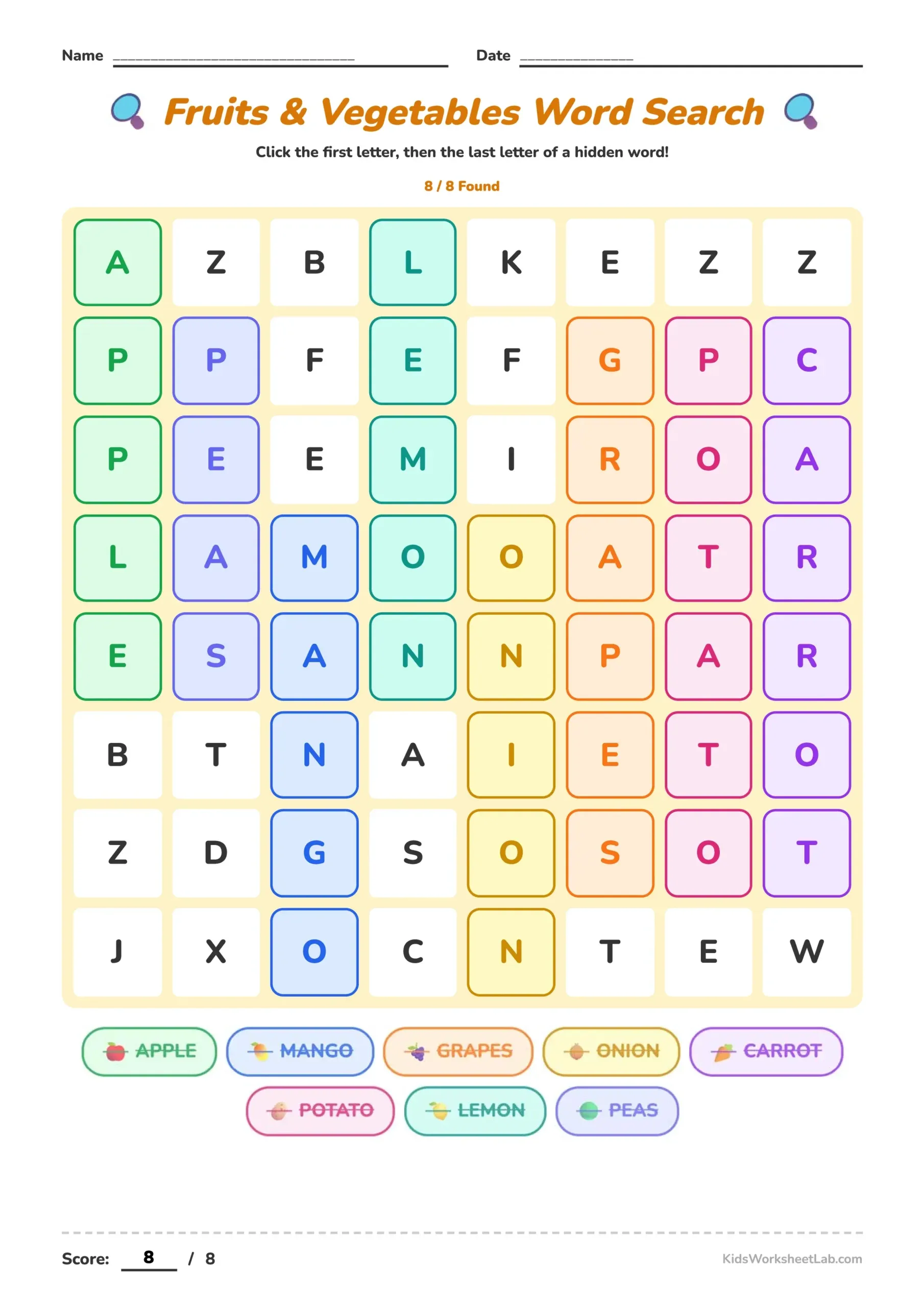 Fruits & Vegetables Word Search