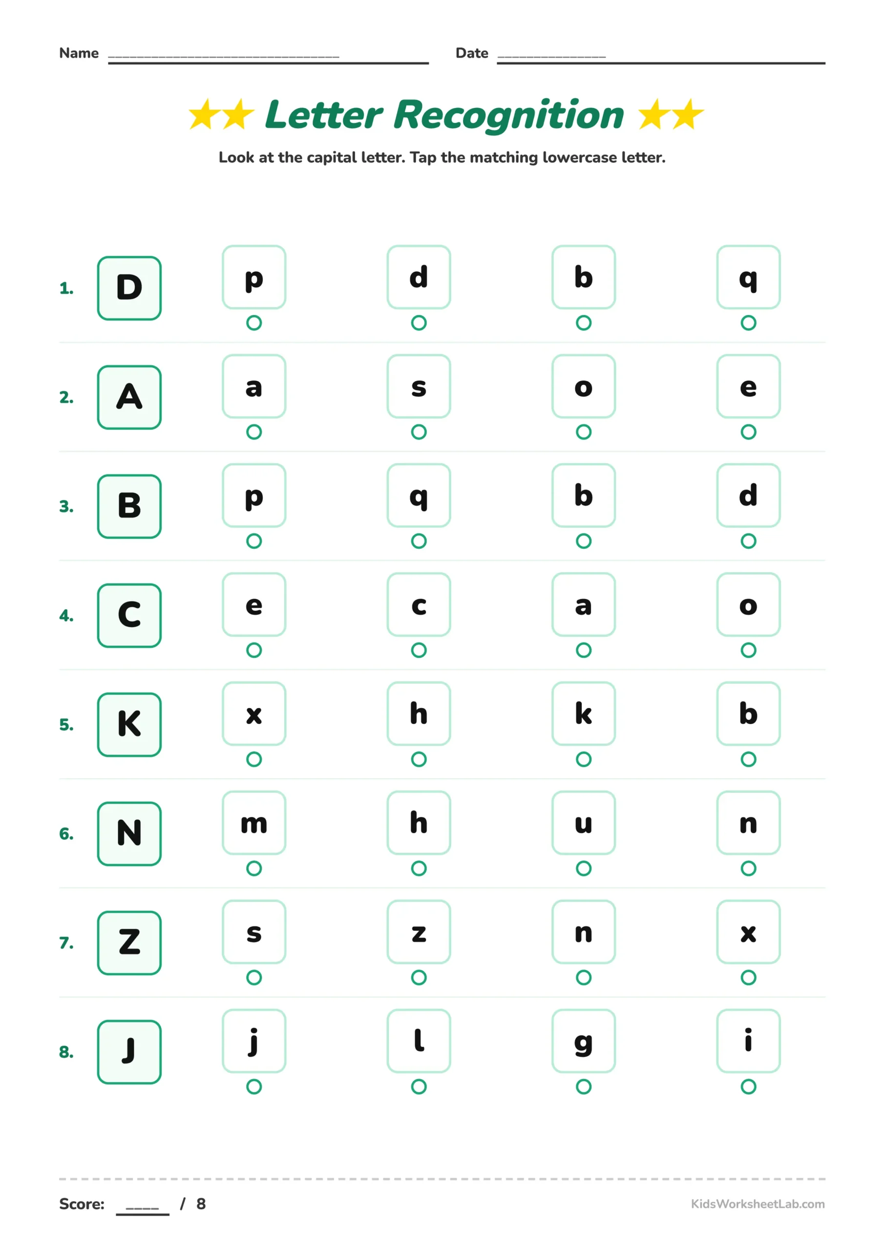 Letter Recognition Interactive Worksheet  – Match Capital & Lowercase