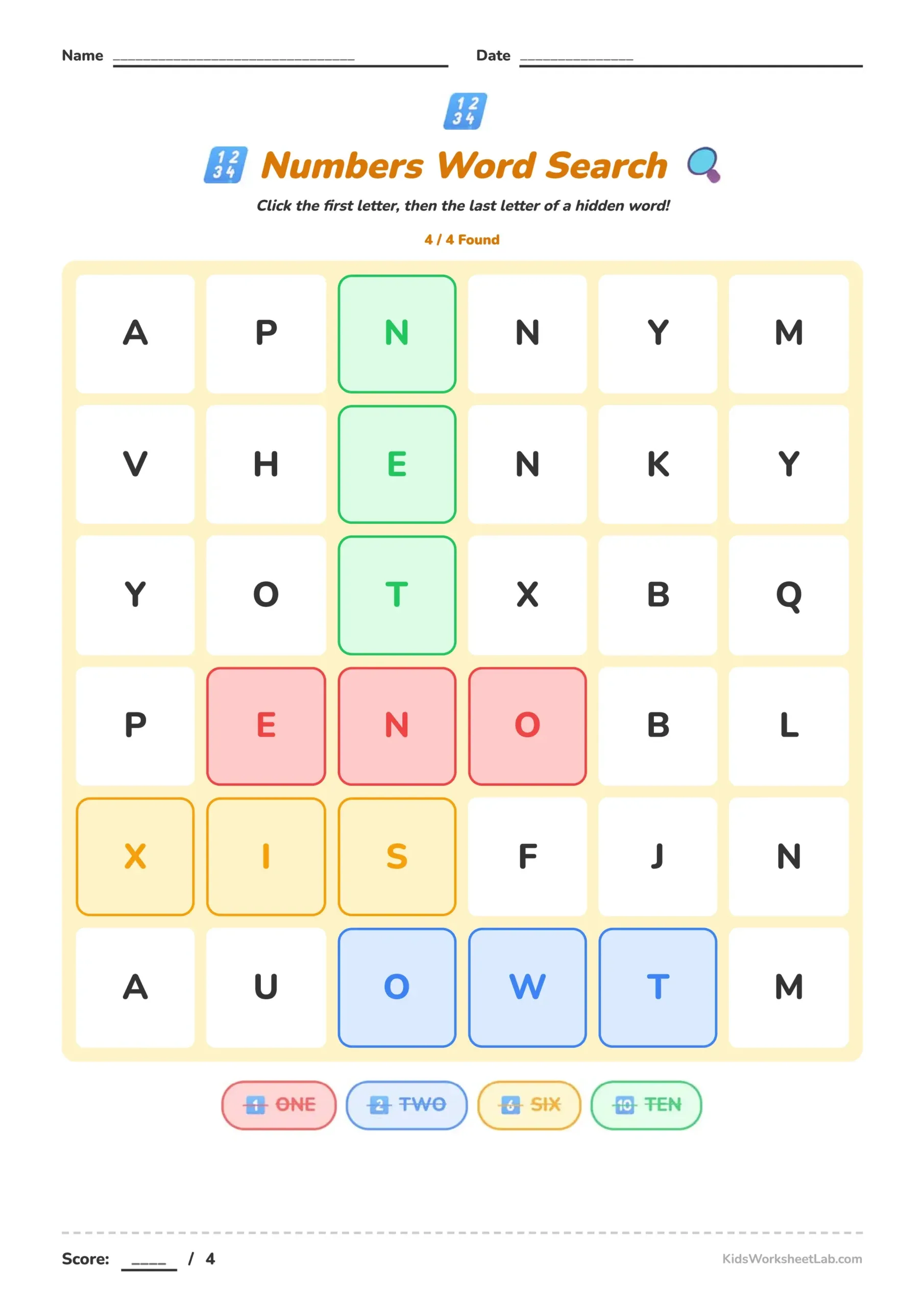 Numbers Word Search