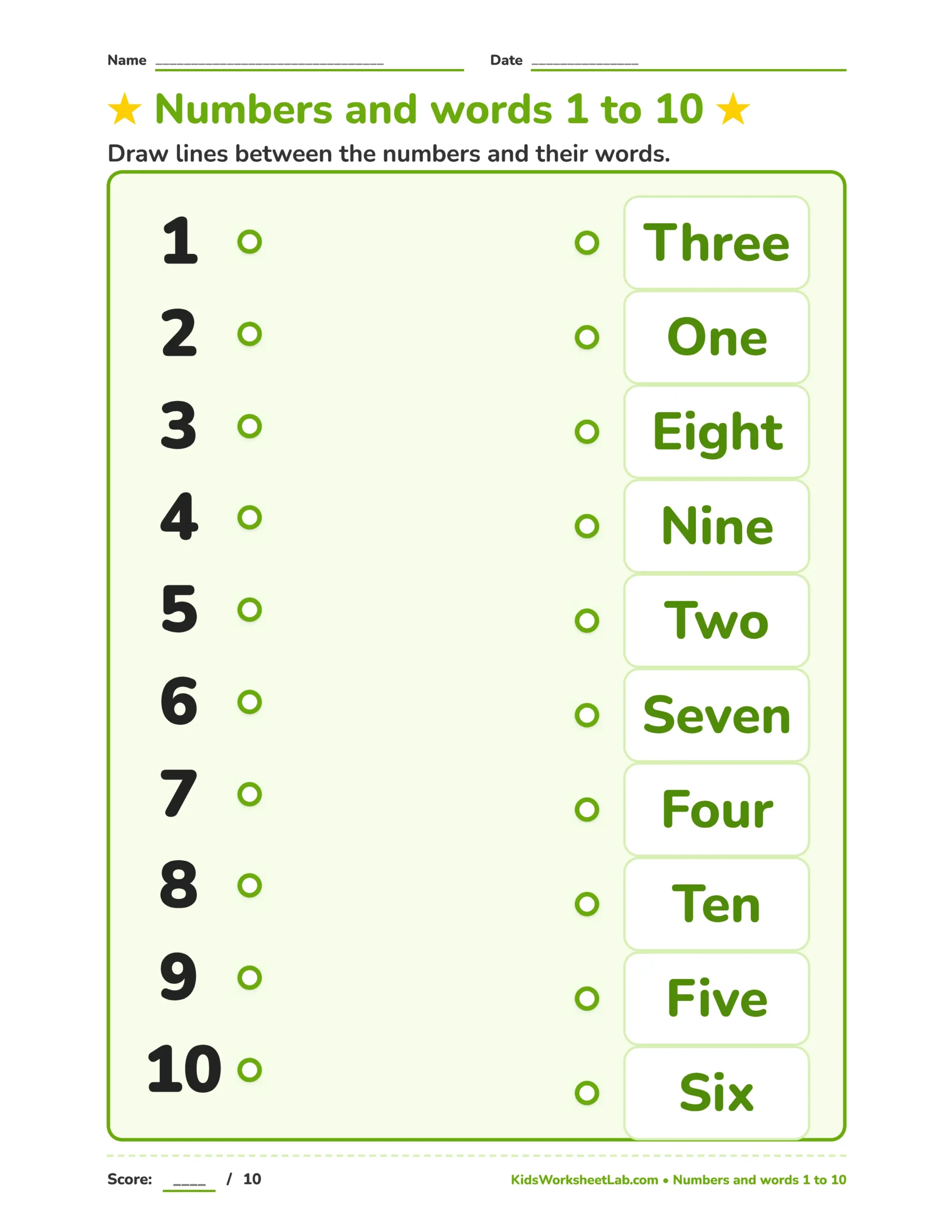 Number Words Matching Worksheet (1–10)