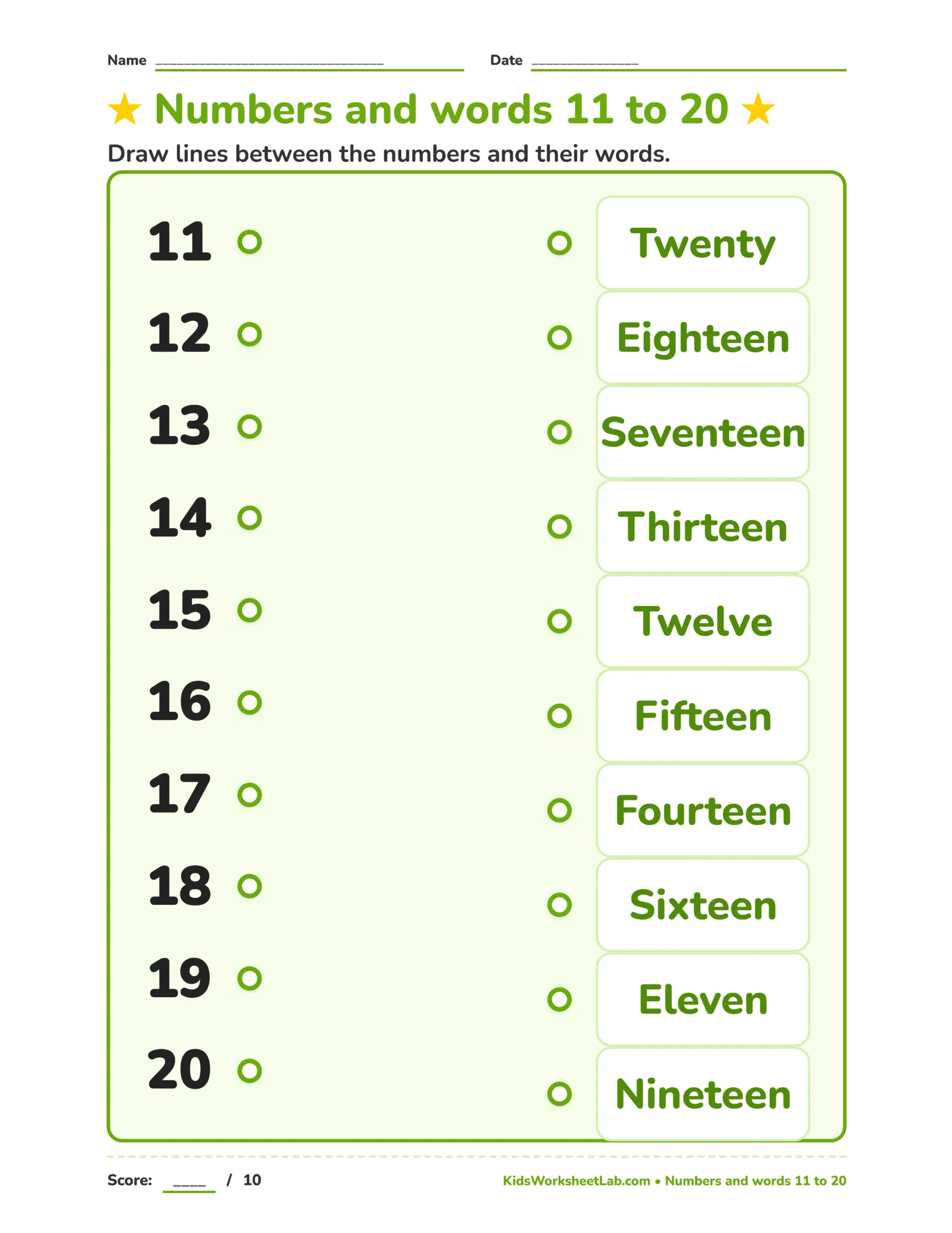 Number Words Matching Worksheet (11–20)