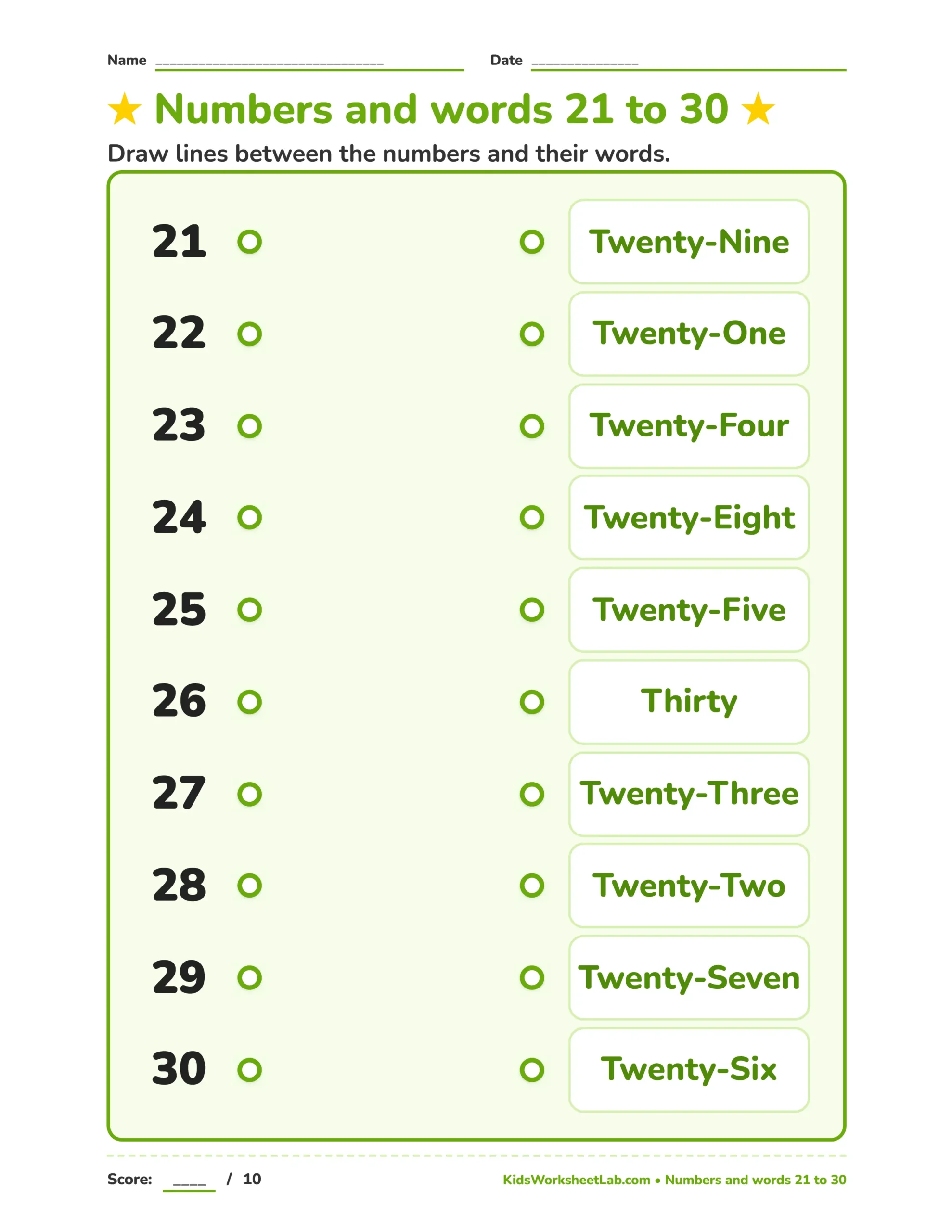 Number Words Matching Worksheet (21–30)