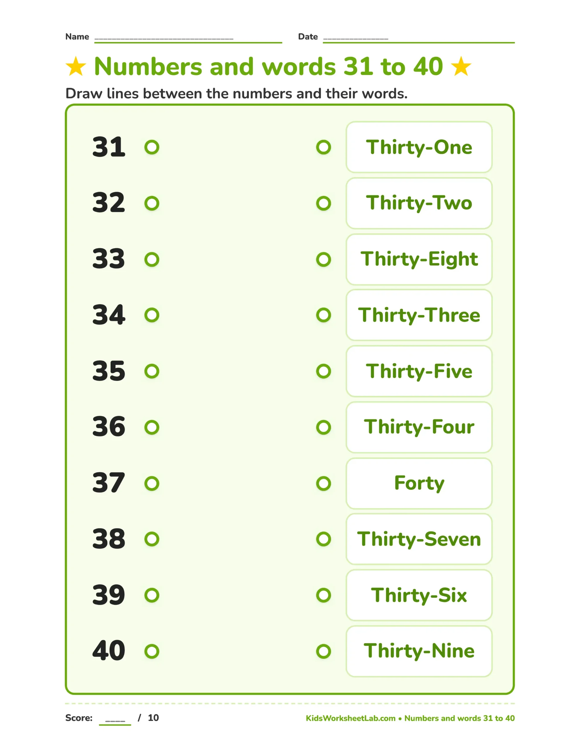 Number Words Matching Worksheet (31–40)