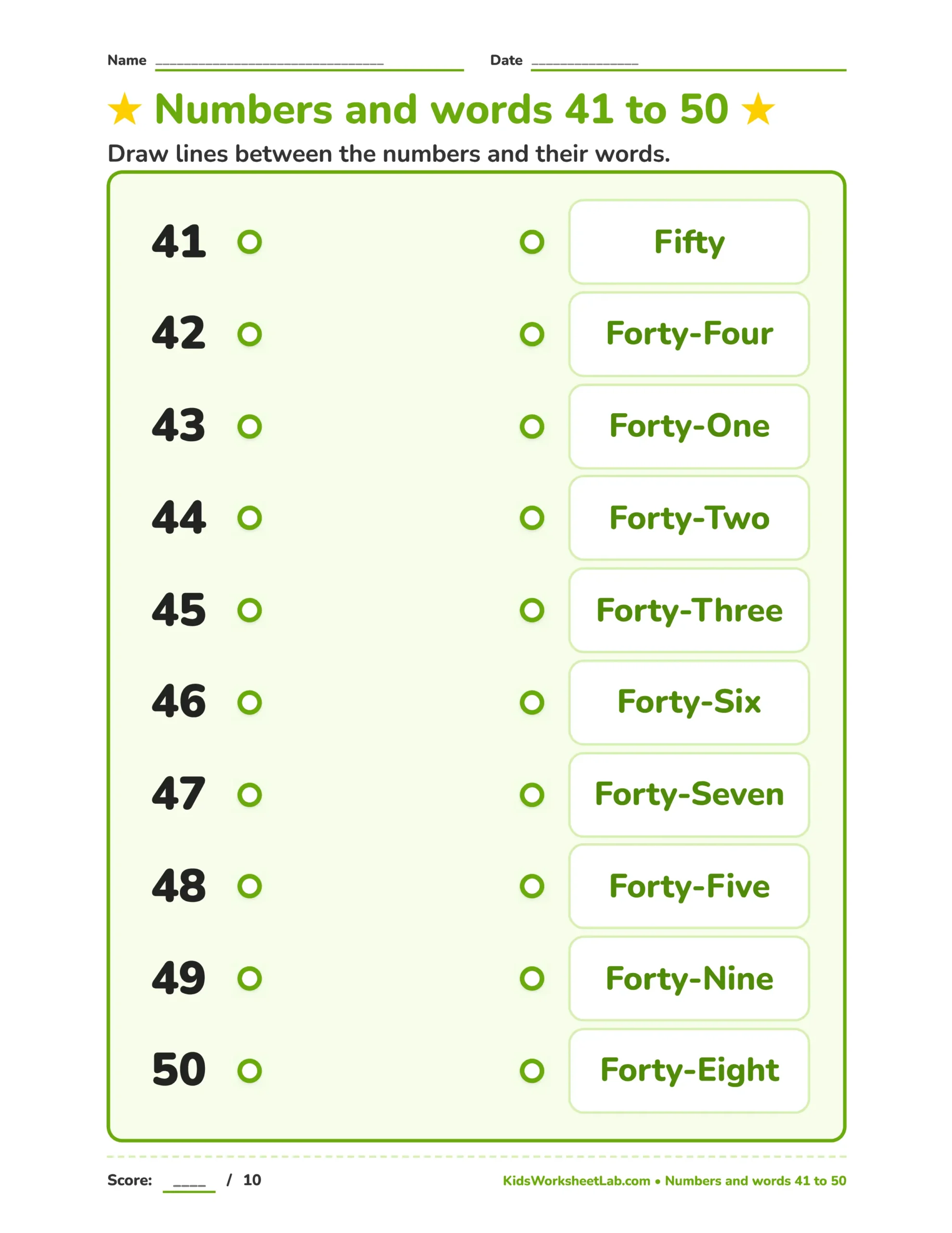 Number Words Matching Worksheet (41–50)