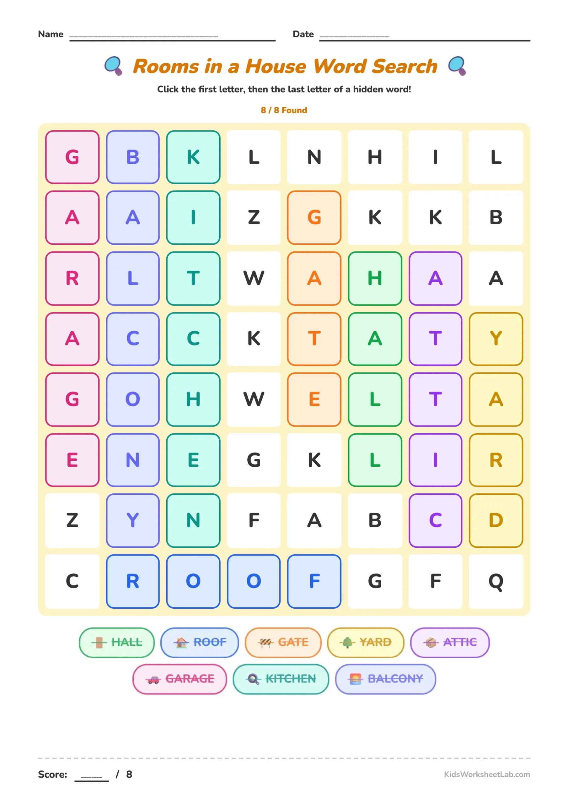 Rooms in a House Word Search