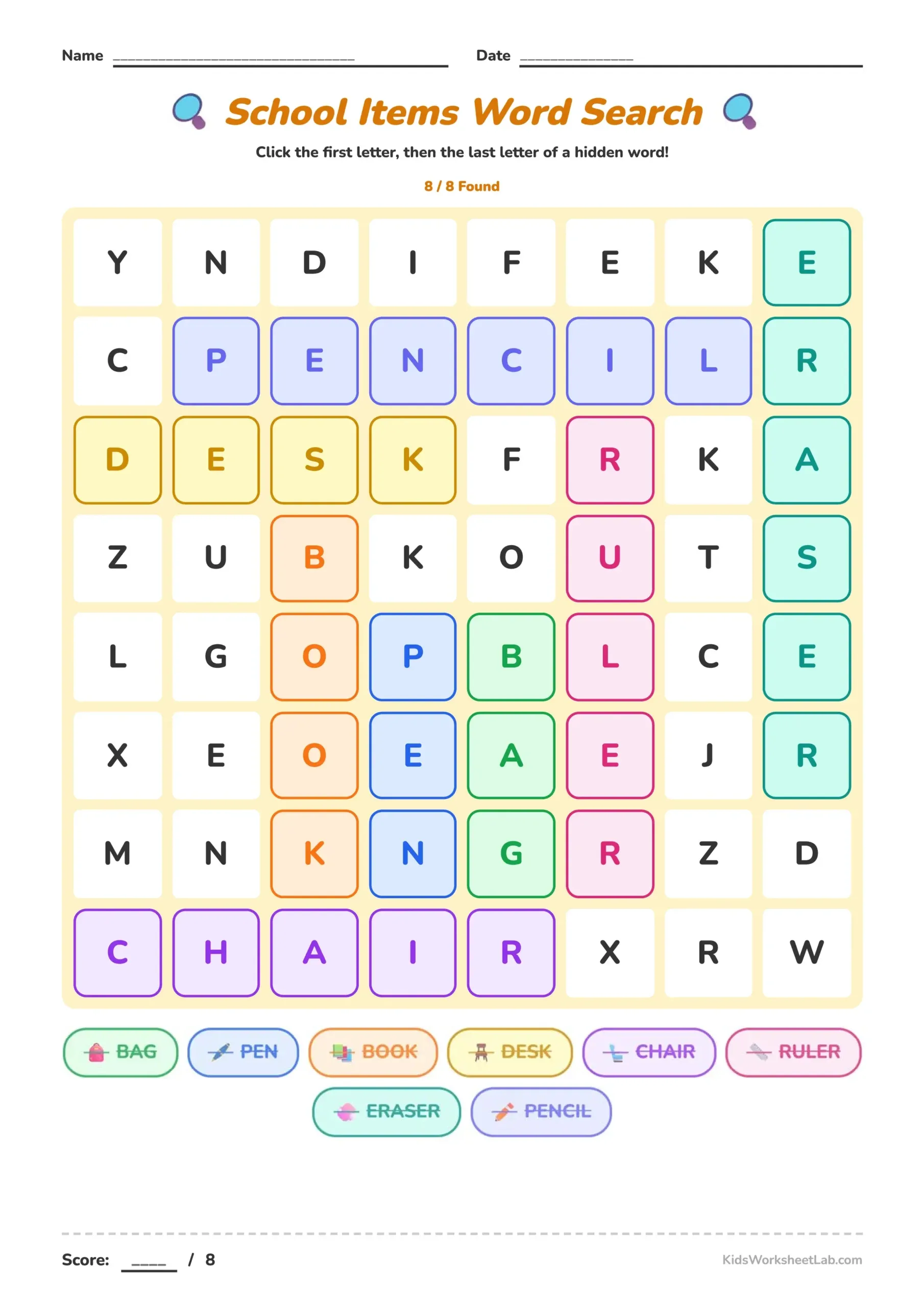 School Items Word Search
