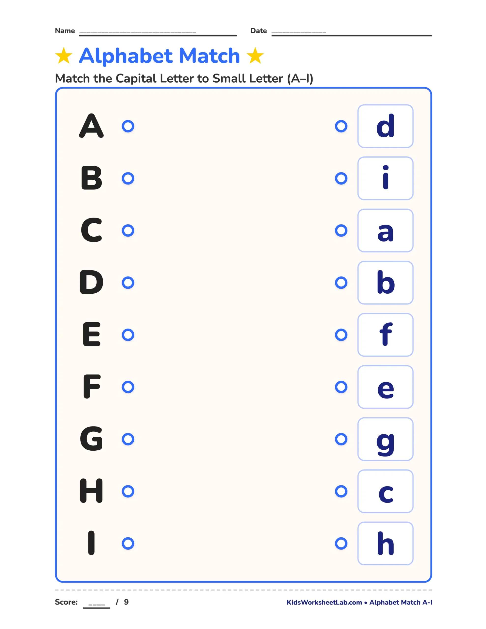 Alphabet Match: Capital & Small Letters (A–I)
