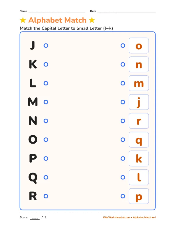 Alphabet Match: Capital & Small Letters (J–R)