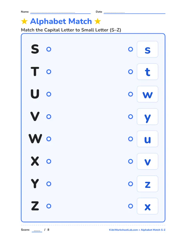 Alphabet Match: Capital & Small Letters (S–Z)